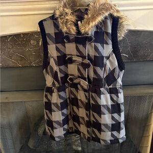 BONGO Black and Gray Checkered Vest with Faux Fur Hood